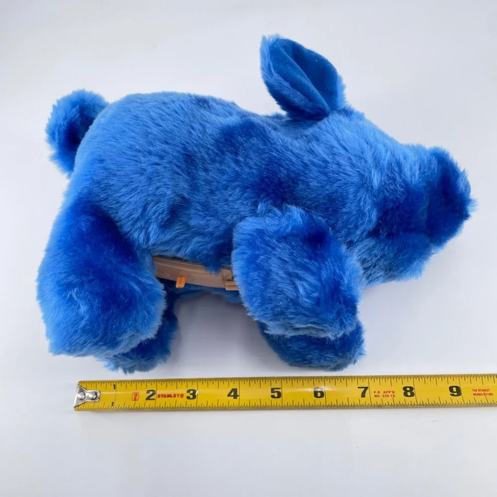 1986 Iwaya Cobalt Blue Pig Walking Oinking Plush Farmer Gag Gift Animated Toy